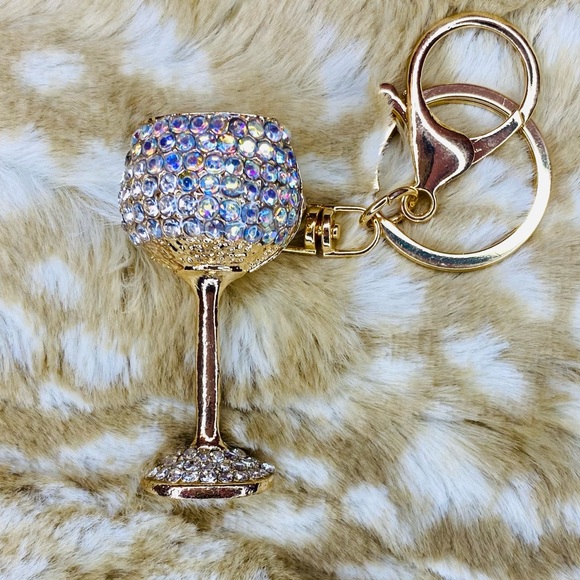 Dani White & Gold Rhinestone Wine Glass Purse or Key Charm - Picture 4 of 4